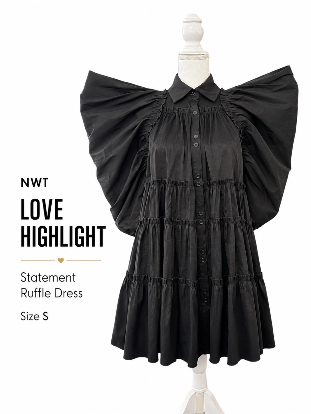 NWT Love Highlight Black Tiered Ruffle Dress Dramatic Statement Sleeves S